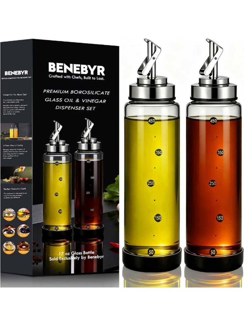 Shatterproof Olive Oil Dispenser Set - Leakproof 17oz Bottles with Stainless